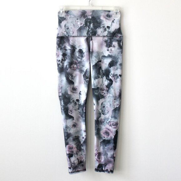Grey Light Purple Skull Smoke Flower Tight Leggings Small - Picture 1 of 5